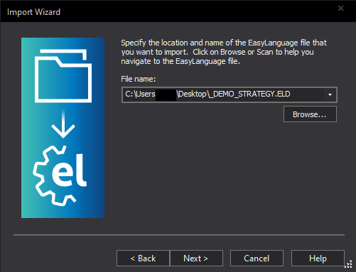 TradeStation Import Wizard with the .ELD file selected