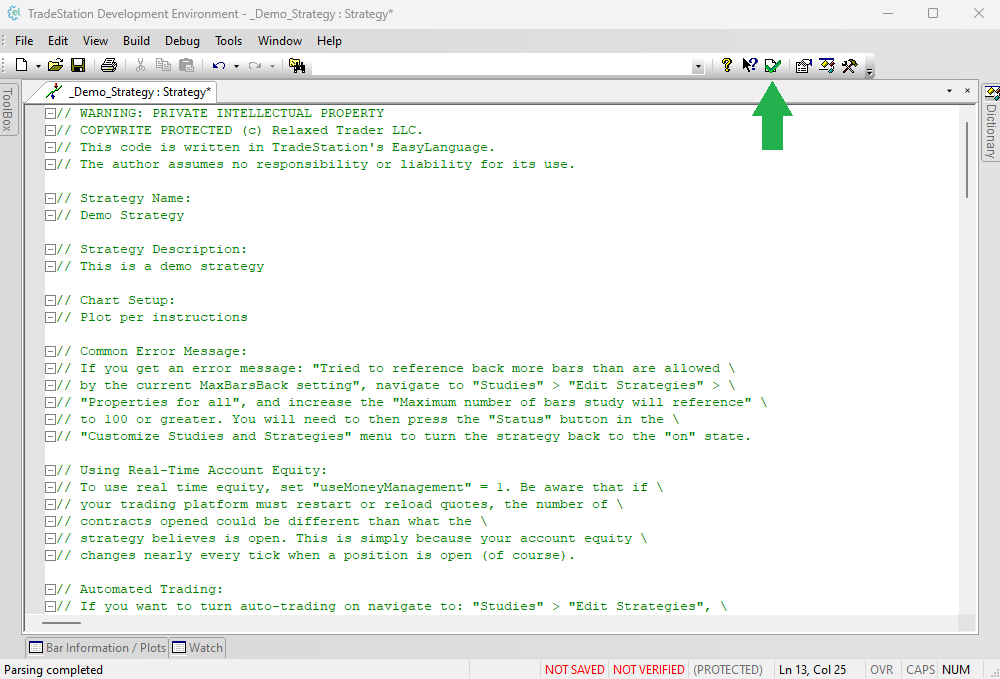 Strategy code showing the symbol, timeframe and Max Bars Back comments at the top