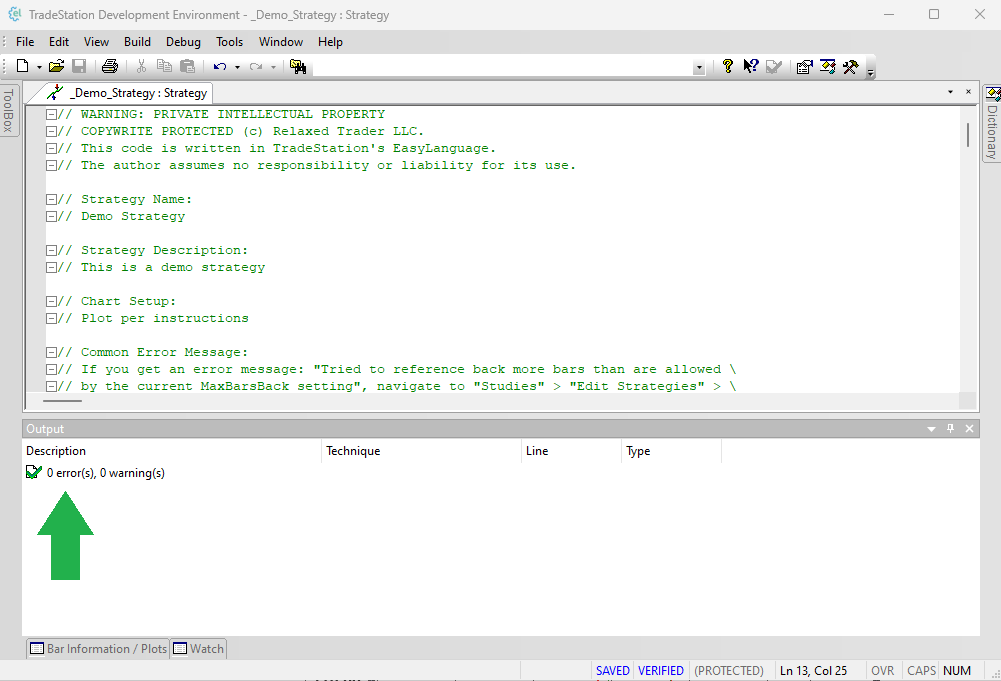 EasyLanguage editor showing zero errors and zero warnings after Verify