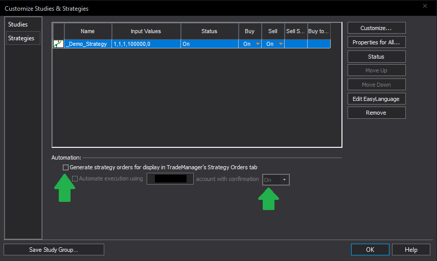 Customize Studies and Strategies window with Status On and the Automation section